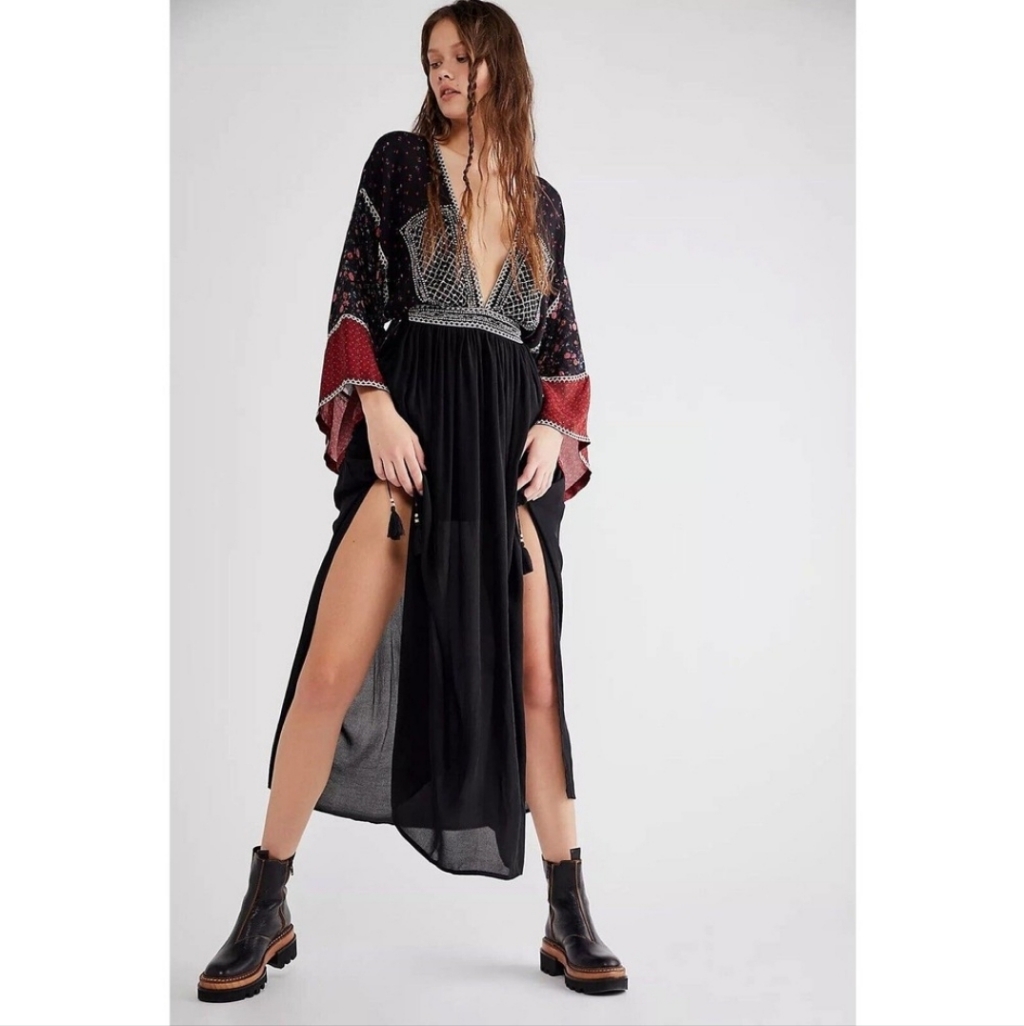 Free People Black Maxi Dress With Red Sleeve Accents